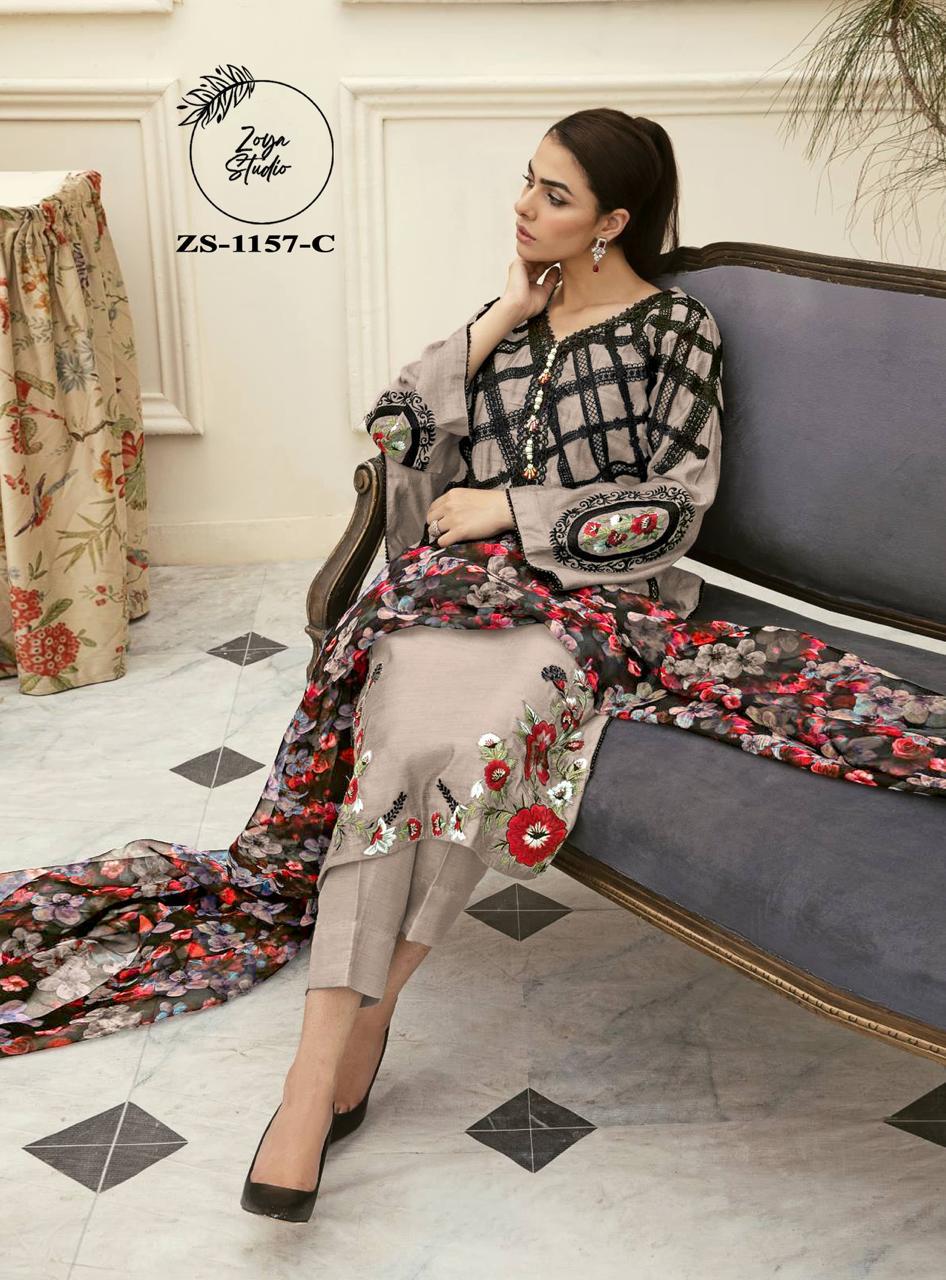 Gorgeous Top with black laces detail on front, and Victorian roses embroidery on front and sleeves. It comes with Shiffon Digital Print dupatta and plain trousers