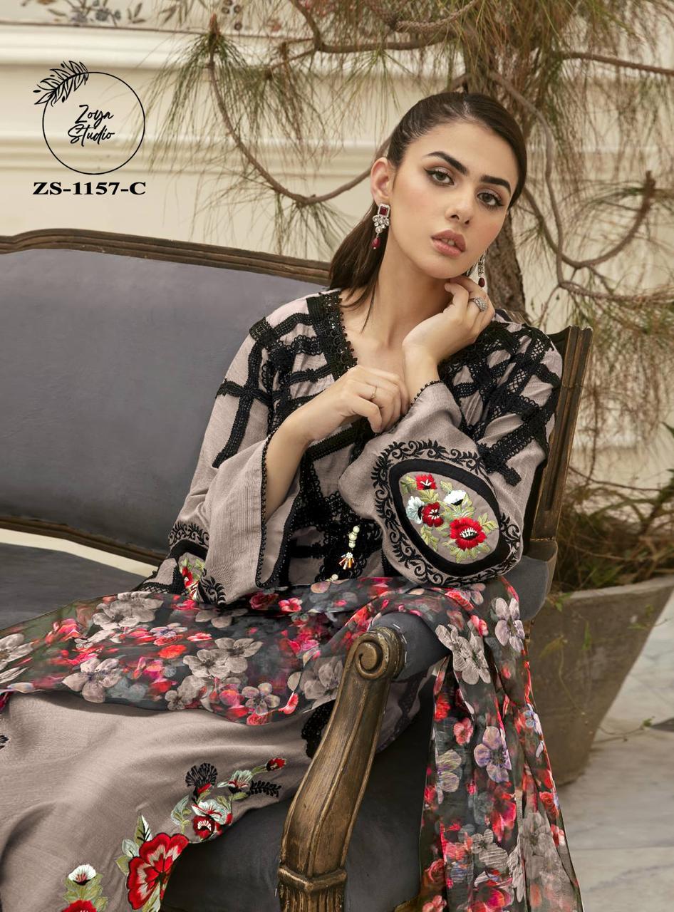 Gorgeous Top with black laces detail on front, and Victorian roses embroidery on front and sleeves. It comes with Shiffon Digital Print dupatta and plain trousers