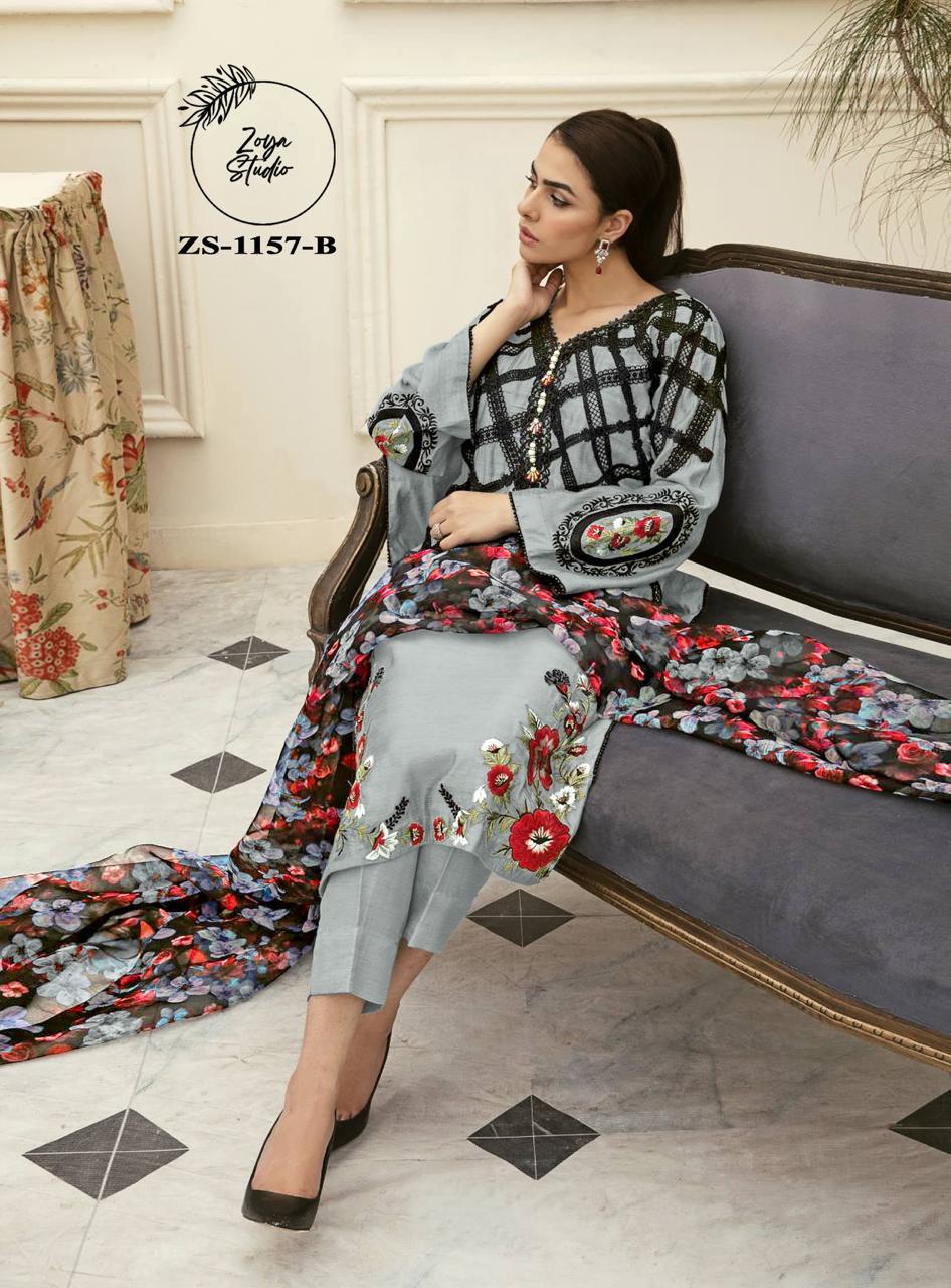 Gorgeous Top with black laces detail on front, and Victorian roses embroidery on front and sleeves. It comes with Shiffon Digital Print dupatta and plain trousers