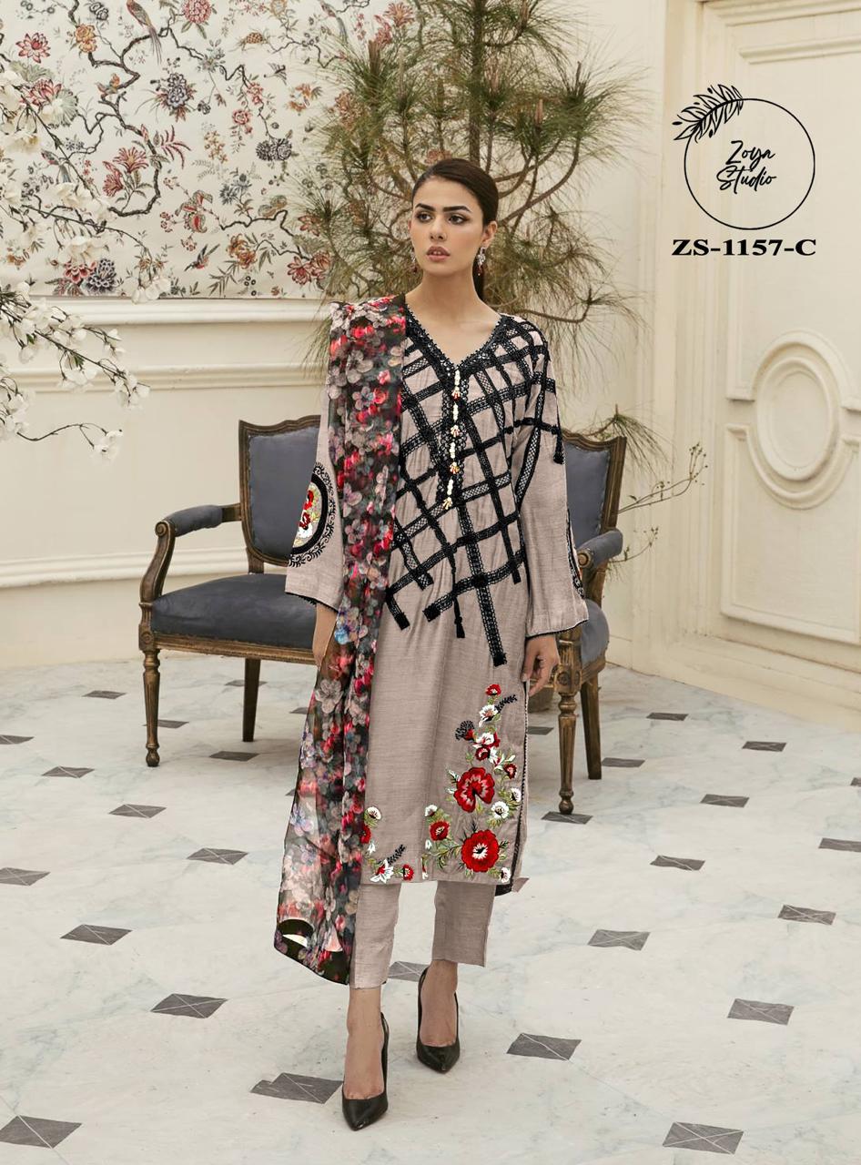 Gorgeous Top with black laces detail on front, and Victorian roses embroidery on front and sleeves. It comes with Shiffon Digital Print dupatta and plain trousers