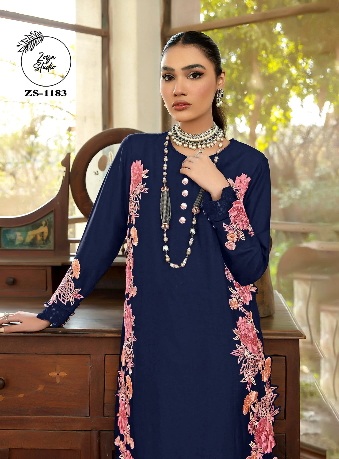 Blossoming Beauty Navy Dress with Luxurious Pink Floral Accents