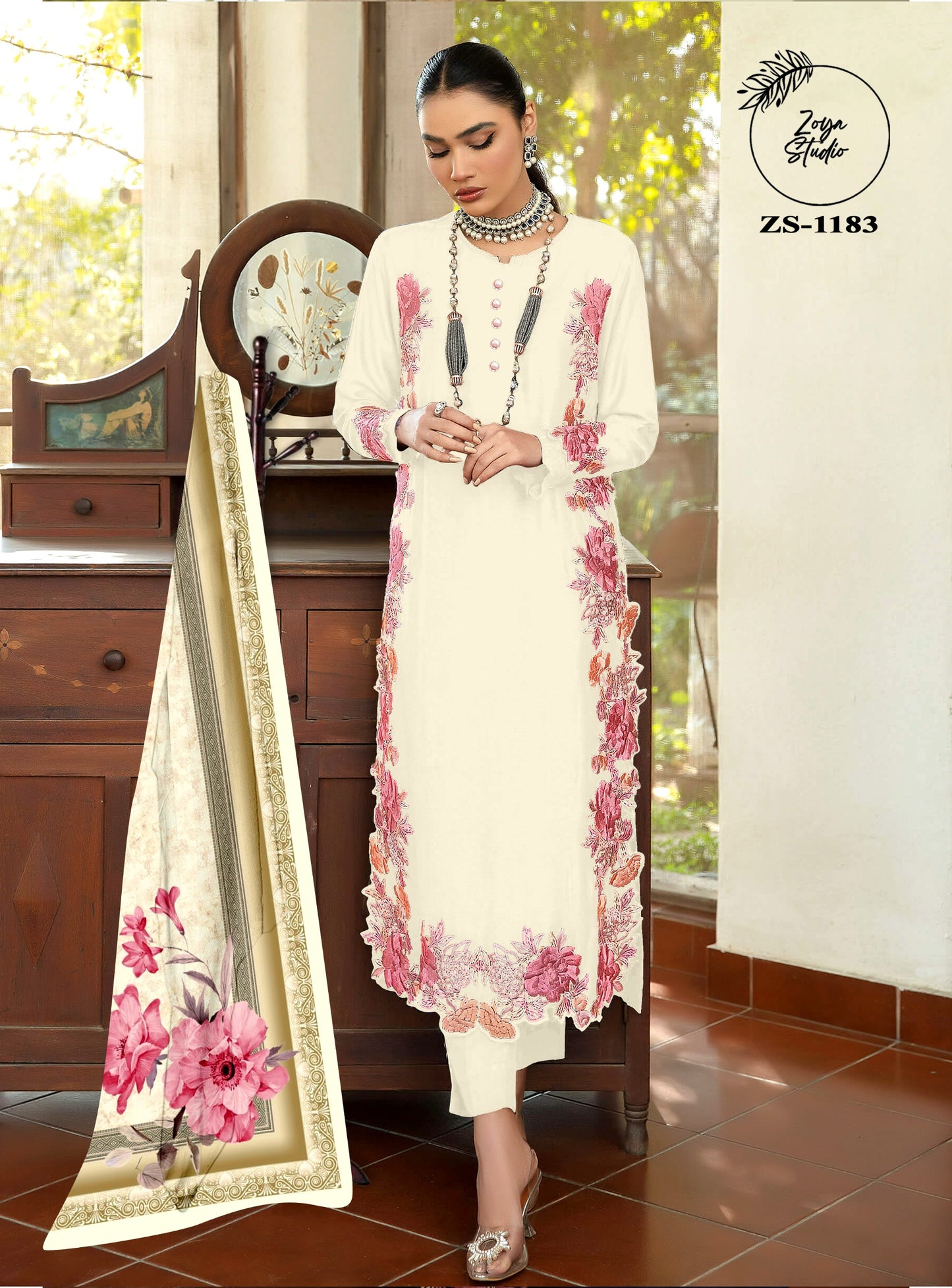 Blossoming Beauty Cream Dress with Luxurious Pink Floral Accents (Copy)