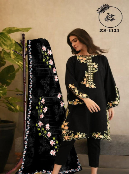 Elegant Black Embroidered Kurta with Floral Dupatta unique