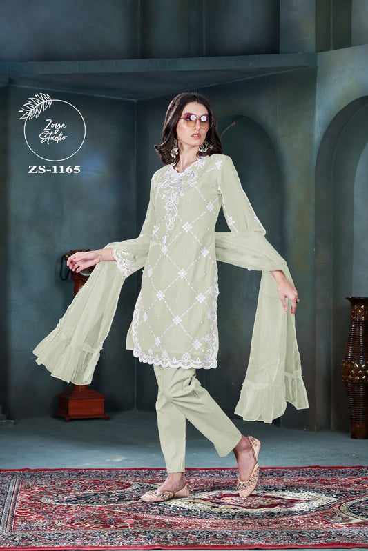 Designer stylish Tunic…Classic Georgette Fabric  with  Heavy Embroidery & HandWork , Stylish Kurti Paired with Glamours  HandWork+Embroidery sleeves & Pant With Organza  Dupatta