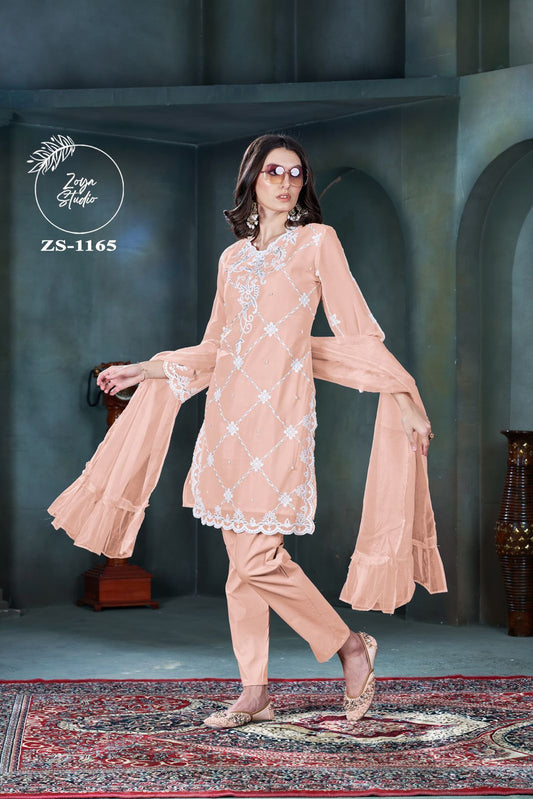 Designer stylish Tunic…Classic Georgette Fabric  with  Heavy Embroidery & HandWork , Stylish Kurti Paired with Glamours  HandWork+Embroidery sleeves & Pant With Organza  Dupatta