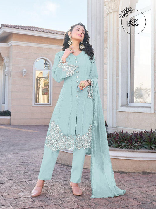 Designer Pakistani Front Open Top With Same Shade Dupatta And Pants