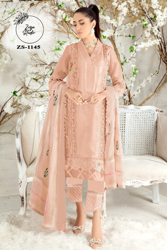 Soft Peach Embroidered Formal Wear with Intricate Lace Detailing