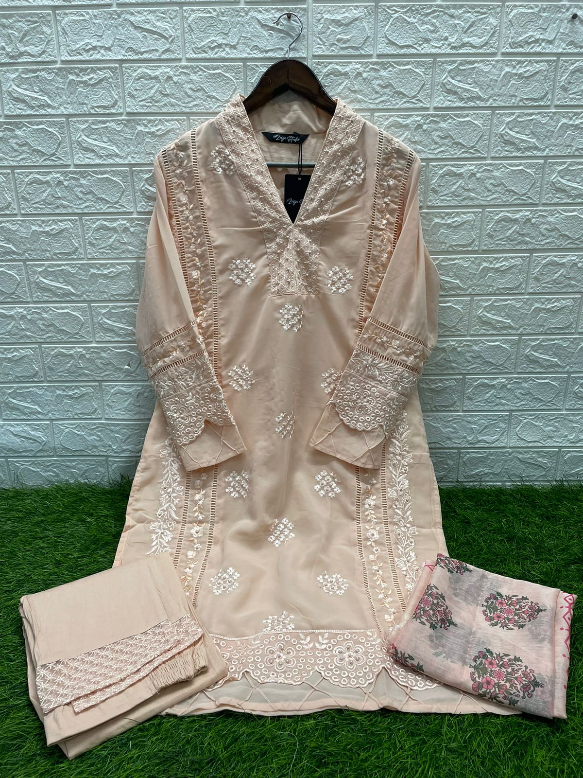 Soft Peach Embroidered Formal Wear with Intricate Lace Detailing