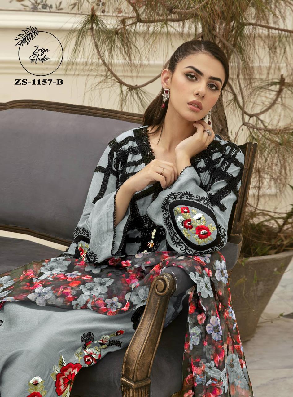Gorgeous Top with black laces detail on front, and Victorian roses embroidery on front and sleeves. It comes with Shiffon Digital Print dupatta and plain  trousers
