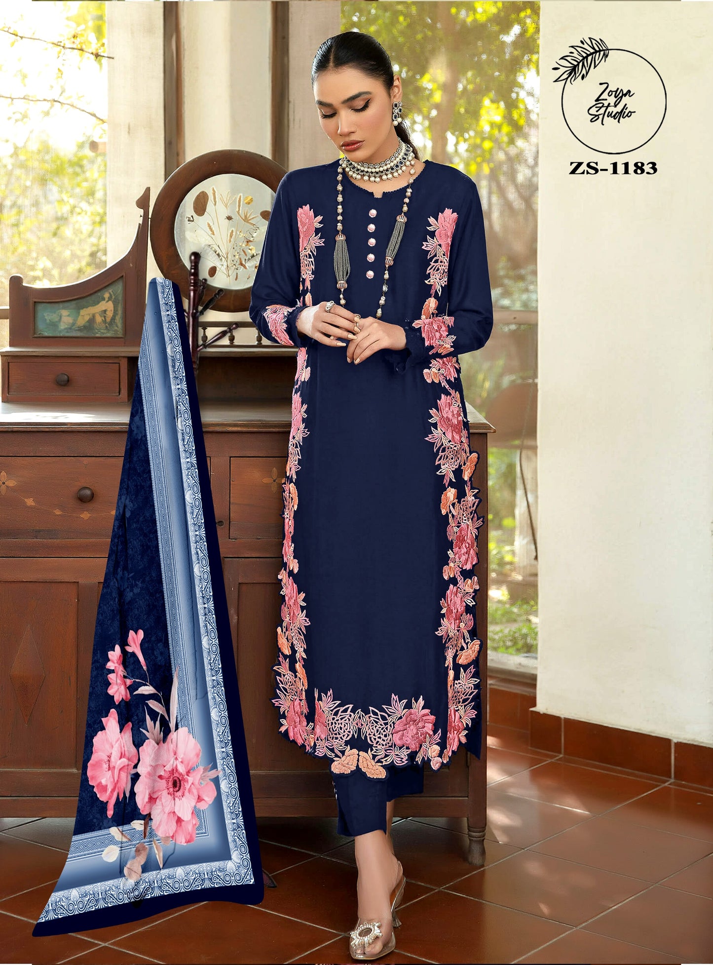 Blossoming Beauty  Navy Dress with Luxurious Pink Floral Accents