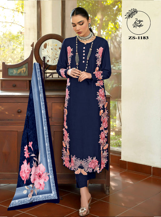 Blossoming Beauty  Navy Dress with Luxurious Pink Floral Accents