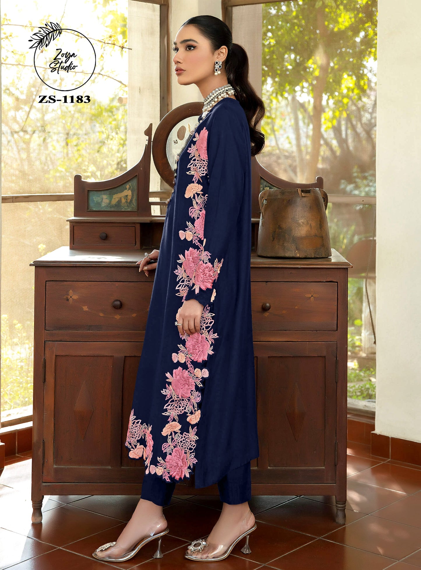 Blossoming Beauty  Navy Dress with Luxurious Pink Floral Accents