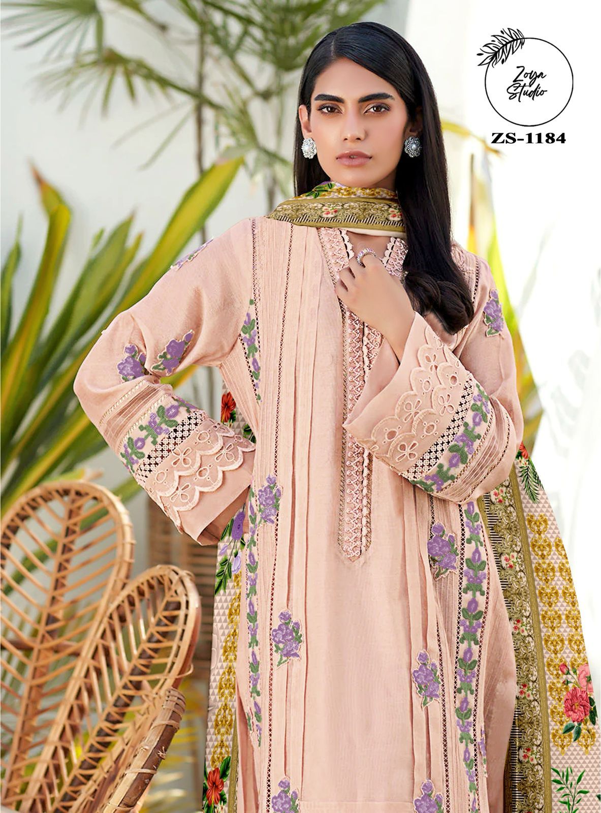 Classic Peach Georgette Attire with Elegant Floral Embellishments