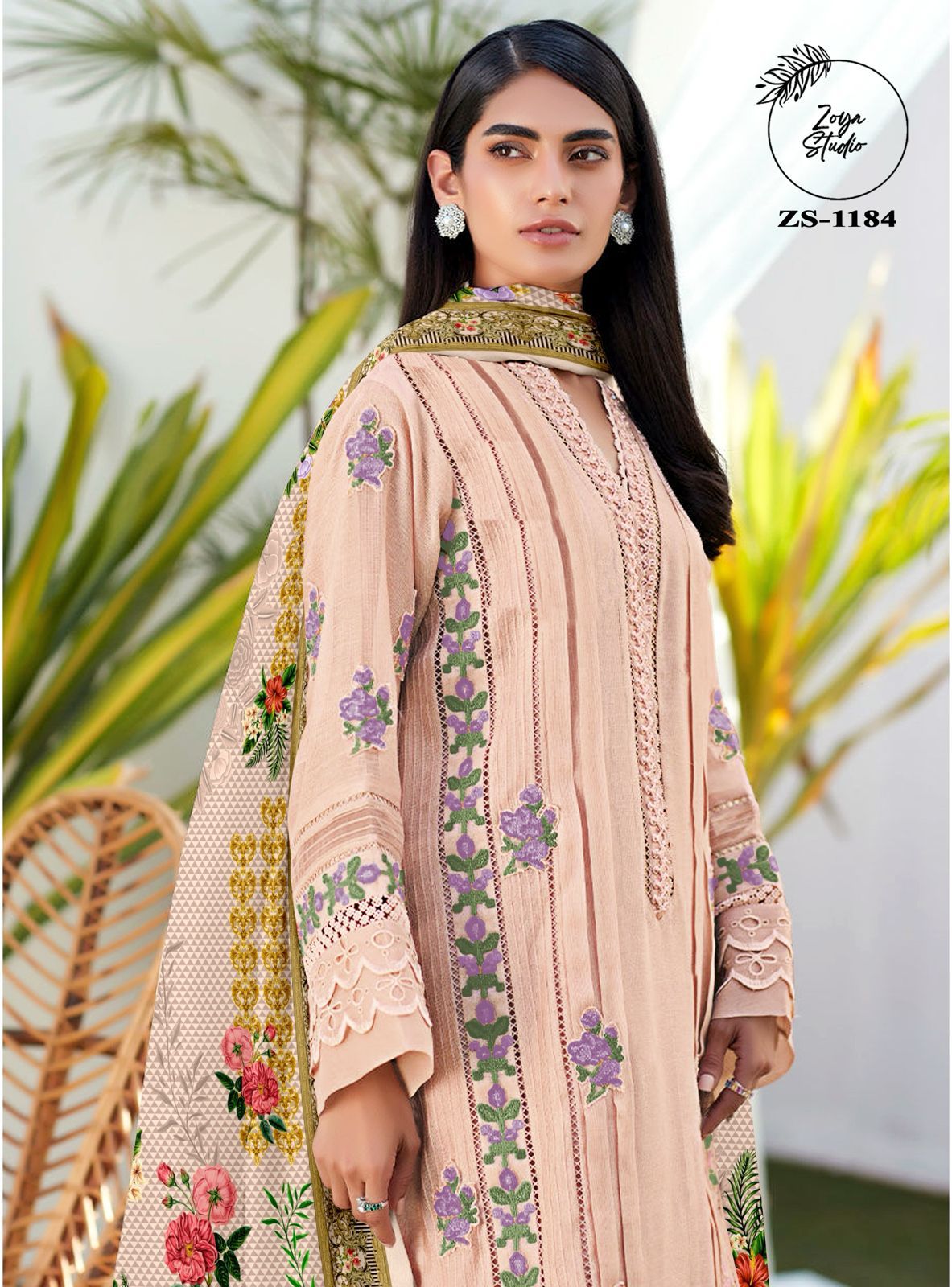 Classic Peach Georgette Attire with Elegant Floral Embellishments