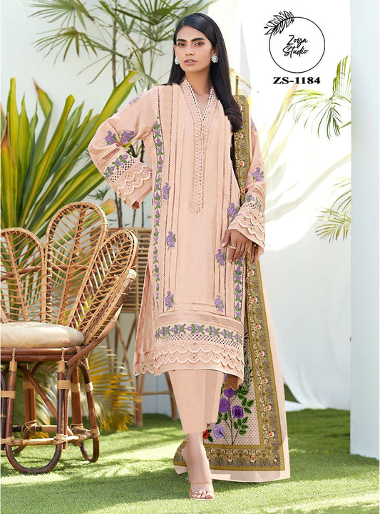 Classic Peach Georgette Attire with Elegant Floral Embellishments