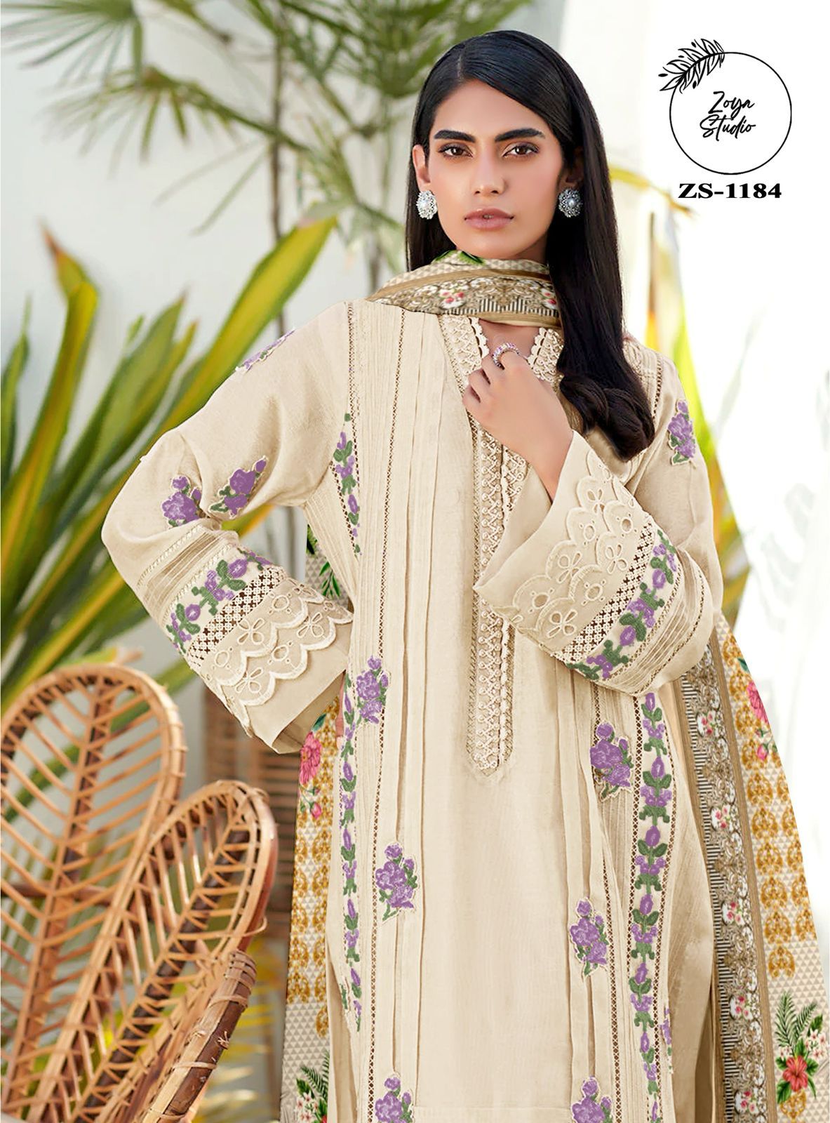 Classic Off-White Georgette Suit with Delicate Floral Embellishments