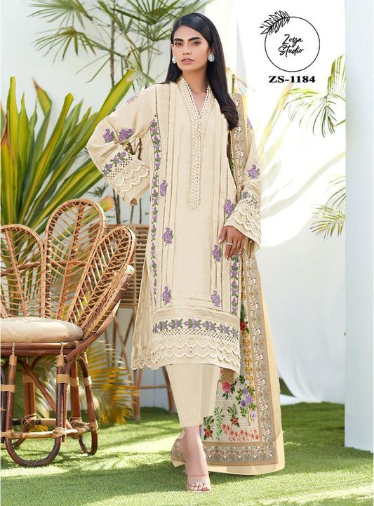 Classic Off-White Georgette Suit with Delicate Floral Embellishments