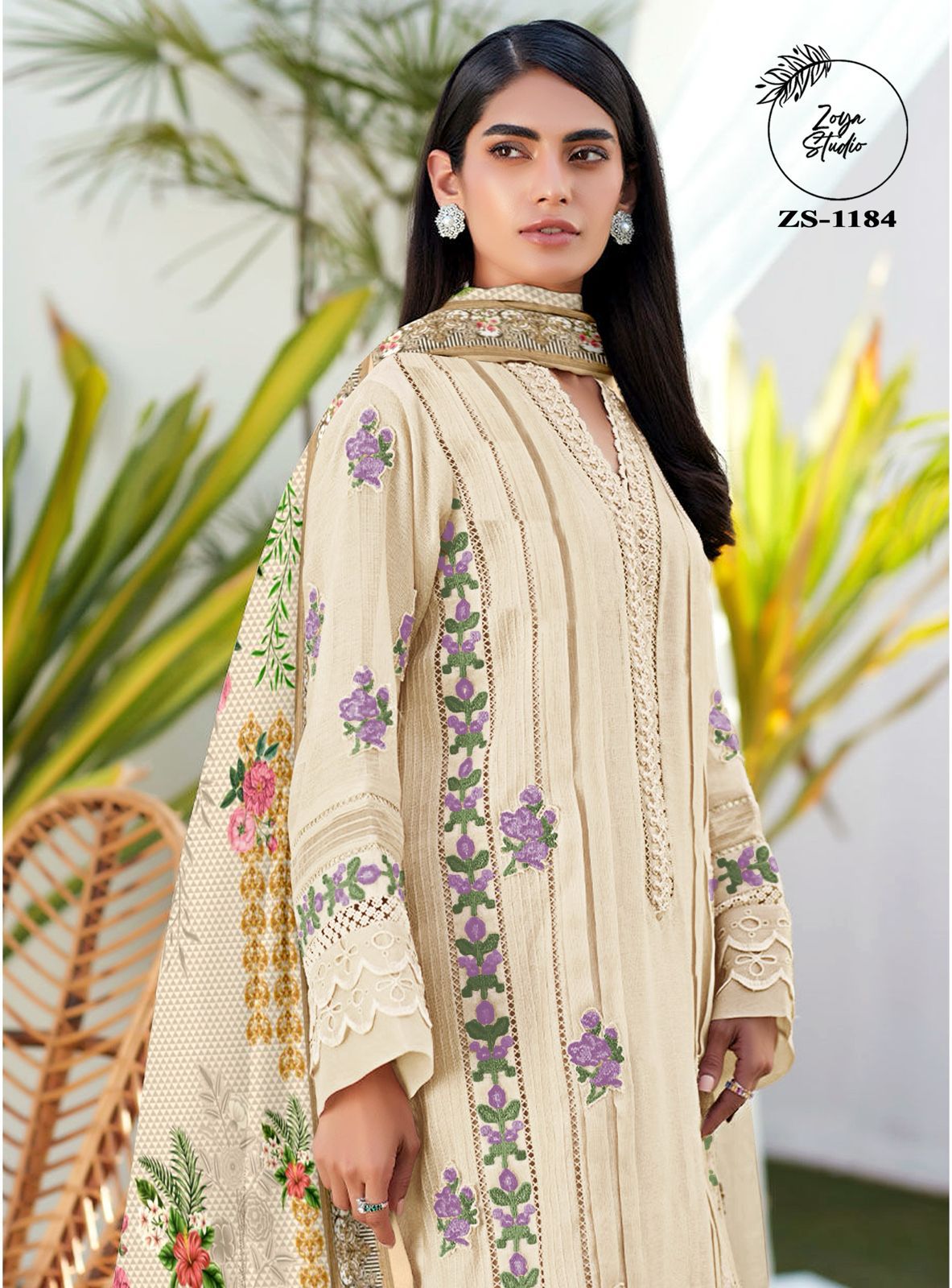 Classic Off-White Georgette Suit with Delicate Floral Embellishments