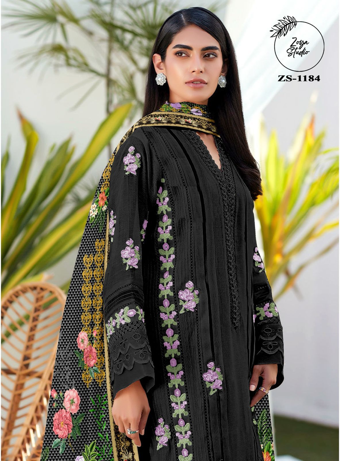 Elegant Black Georgette Ensemble with Purple Floral Embroidery