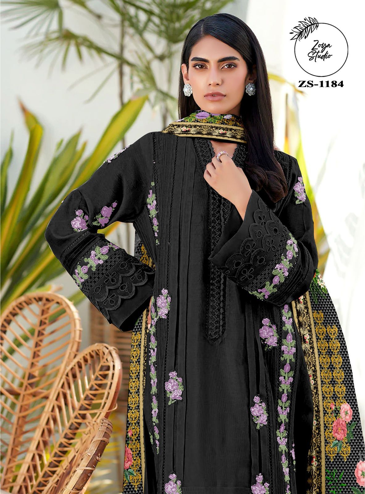 Elegant Black Georgette Ensemble with Purple Floral Embroidery