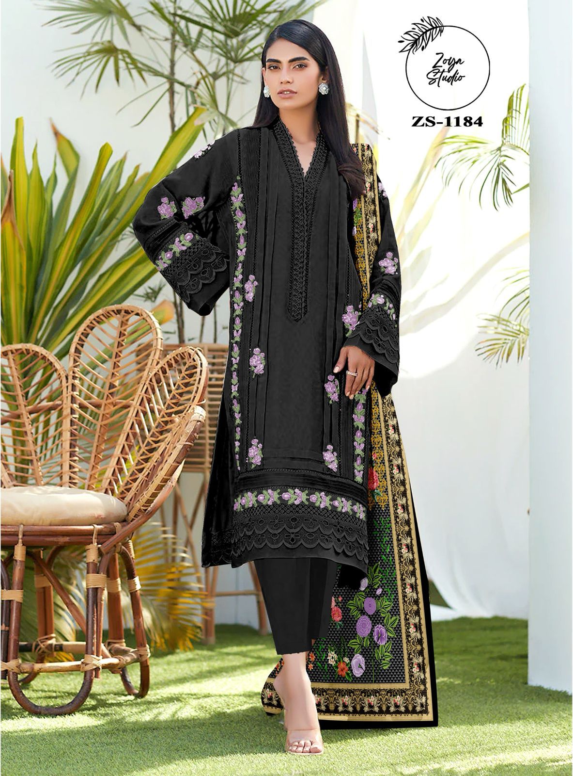 Elegant Black Georgette Ensemble with Purple Floral Embroidery