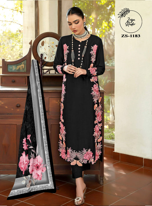 Blossoming Beauty  Black Dress with Luxurious Pink Floral Accents